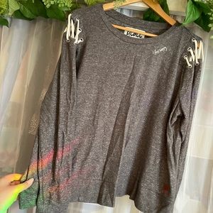 Peace Love World LaceUp Shoulder Crewneck Pullover